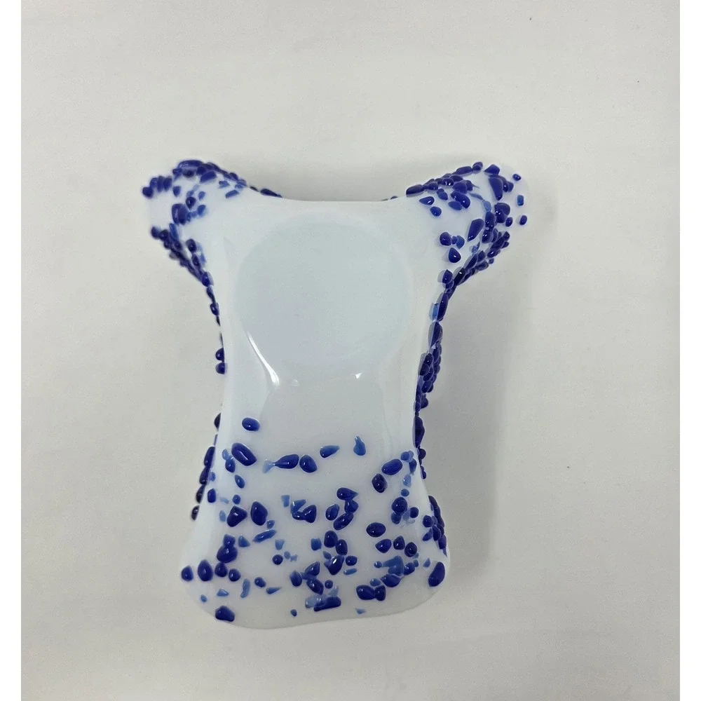 Blue White Confetti Art Glass Handkerchief Bowl Vase Ruffled Hand Blown 9